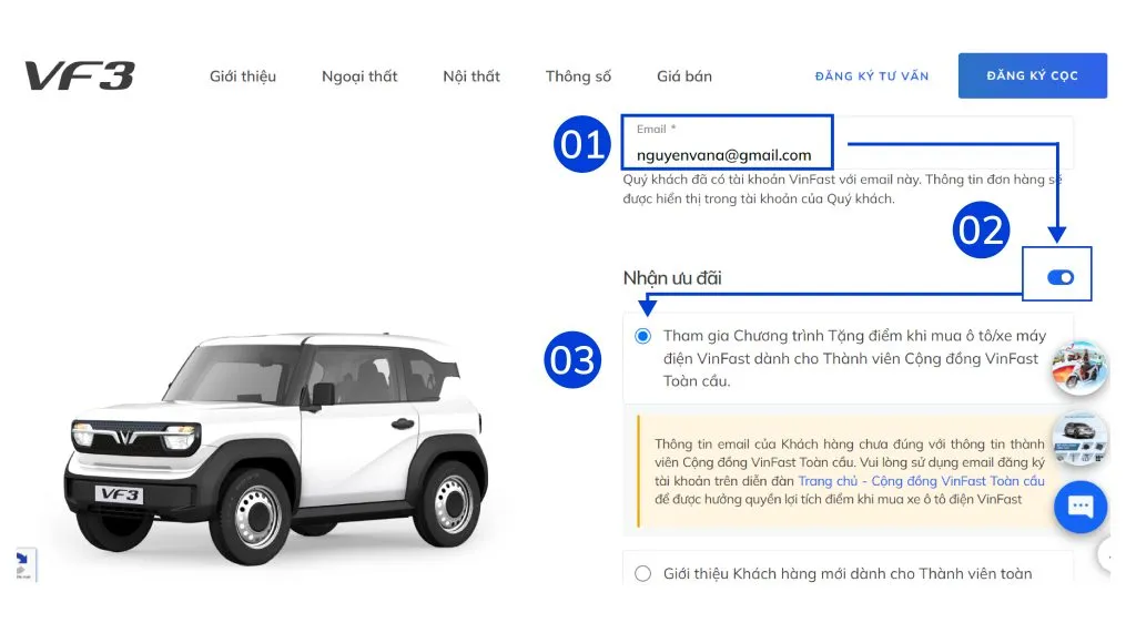 Thao tác thành viên cọc xe VF 3 để được cộng điểm VF Point
